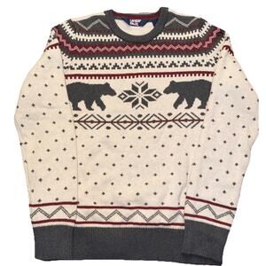 Lands’ End Fair Isle Polar Bear Sweater Cream Gray Red Women’s Small